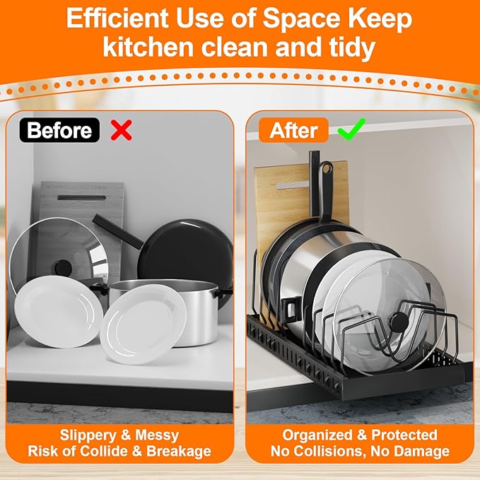 Pots and Pans Organizer for under Cabinet 2 Pack 10-Tier Pot Pull Out Cabinet