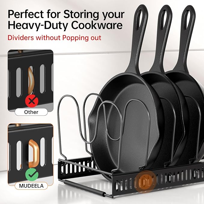 MUDEELA Pot and Pan Organizer Rack for under Cabinet, Expandable 11.81''-22.85'' Pot Lid Kitchen Cabinet Organizer Holder with 12 Adjustable Compartment Cutting Board Organizer for Pan Lid, Bakeware