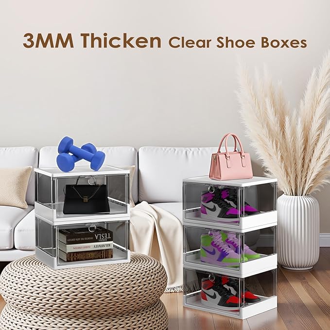 Clear Stackable Shoe Boxes with Magnetic Door, 3 Pack Thick Plastic Shoe Organizer for Closet, Dustproof Storage, Fits up to US Size 13