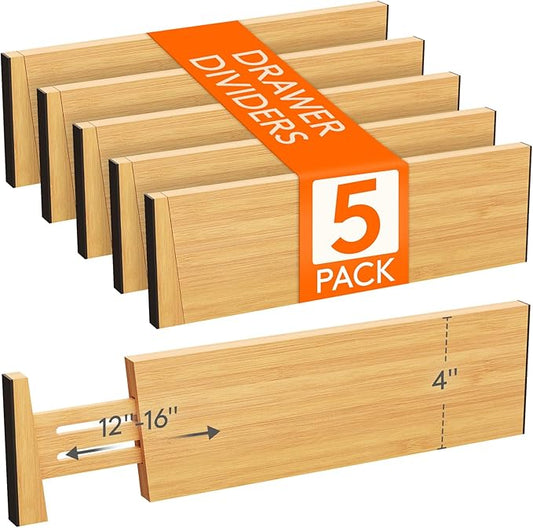 4" High 5 Pack Bamboo Drawer Dividers 31-40cm/12-16 Adjustable Wooden Drawer