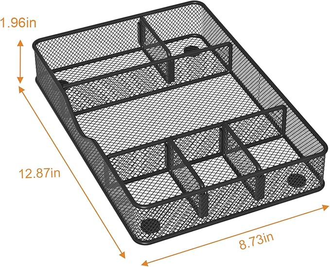 VyGrow Desk Drawer Organizer Tray, Metal Mesh Drawer Organizer for Office & Home, 6 Adjustable Compartments, Black, 2 Pack - 12.87x8.73x1.96 inch