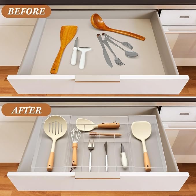 Teenyyou 1 Pack Expandable Kitchen Drawer Organizer Clear Acrylic Utensil Organizer Adjustable Acrylic Silverware Storage for Drawers Silverware Flatware Knives (12 x 16 Inches,6-8 Compartments)