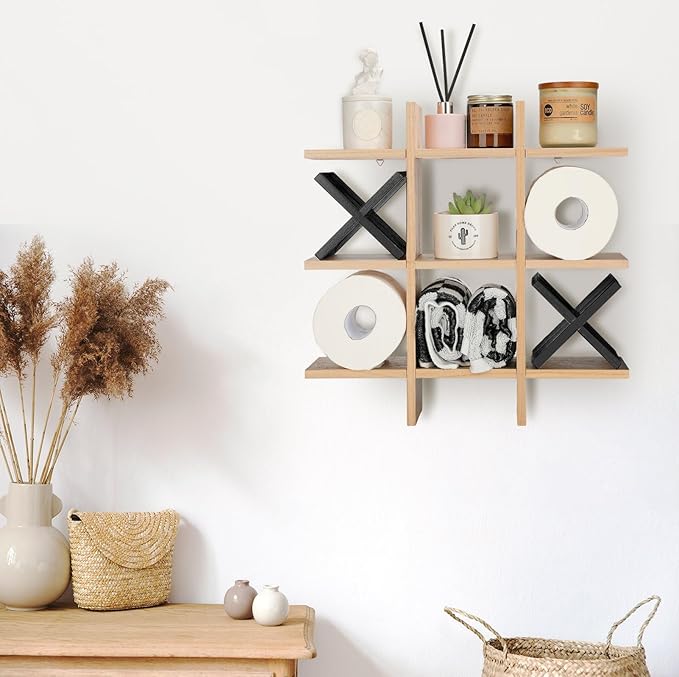 Weysat Tic Tac Toe Toilet Paper Holder Stand Bathroom Wall Decor Rustic Wooden Hanging Storage Freestanding Wall Mounted Shelves Decor for Toilet Tissue Farmhouse