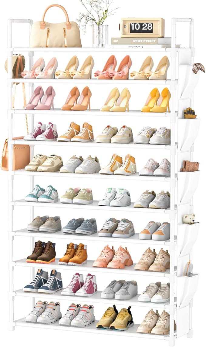 LUKYTOWER Tall Shoe Rack 10 Tier Shoe Racks Organizer for Closet 40-45Pairs,Large Capacity Storage Rack for Shoes with 5Hooks,Sturdy Shoe Shelf, Vertical Shoe Stand Tower