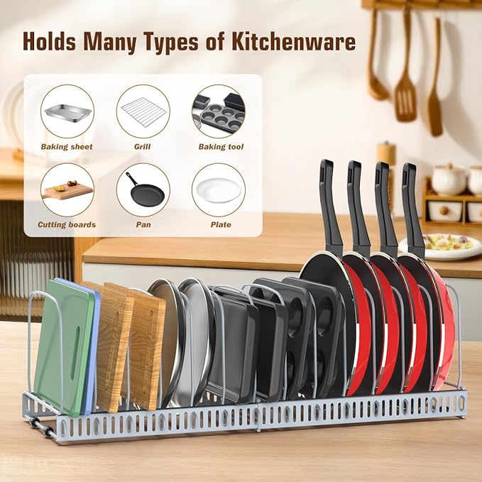 Housolution Cutting Board Organizer Rack, Expandable Baking Tray and Cookie Sheet Organizer with 14 Adjustable Dividers, Bakeware Muffin Tin Cupcake Pan Storage Organizer for Cabinet, Gray