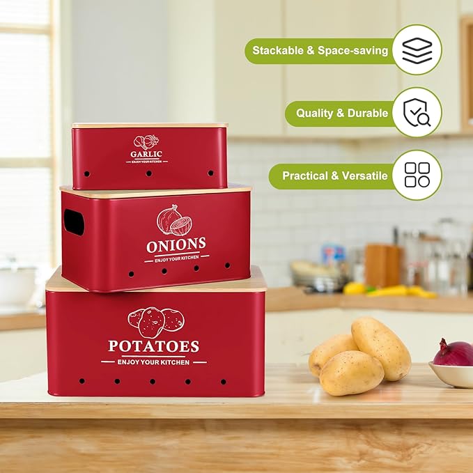 Kitchen Vegetable Storage Set of 3, Metal Onion Garlic Potato Storage Set, Red