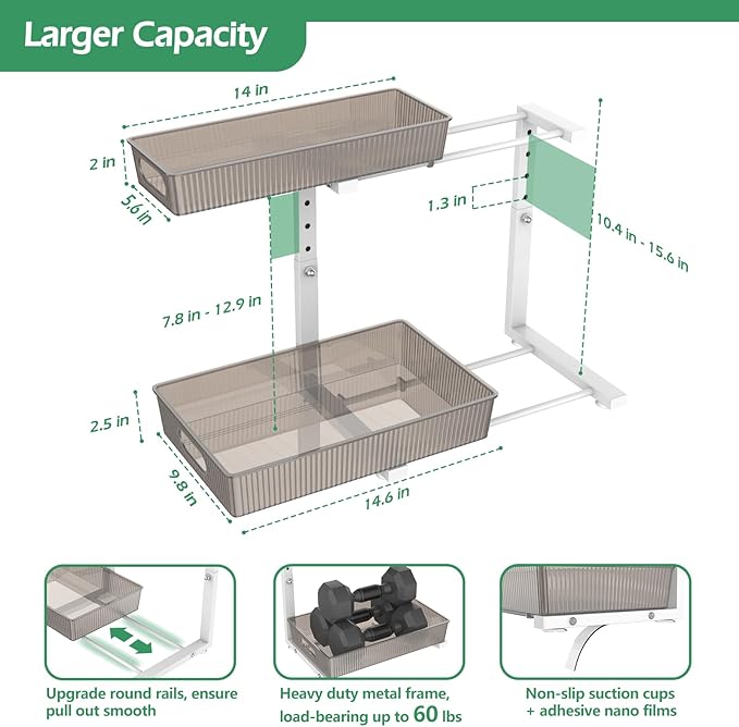Under Sink Organizer 2 Packs, Pull Out Kitchen Sink Organizer, Grey & White