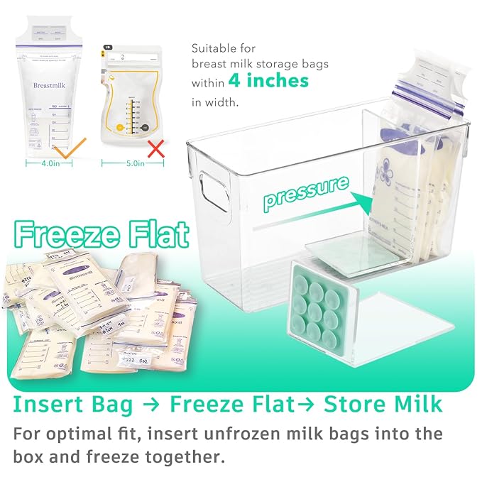Ugotfeels Breastmilk Storage Container with L Shaped Separator Boards, Dividers Will Flatten Standing Breast Milk Bags in Organizer Bins Save Refrigerator Space | 2 Containers - Green