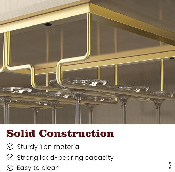 Nuovoware Wine Glass Rack - Under Cabinet Stemware Wine Glass Hanger Rack Holder for Bar Kitchen Cabinet, 6 Rows - Light Gold