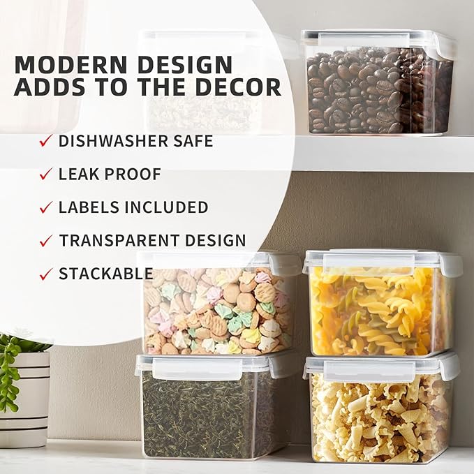 Airtight Food Storage Containers with Lids, 3.2L BPA-Free Plastic Canisters for Spaghetti, Cereal, Oats & Kitchen Pantry Organization, 8 Pack