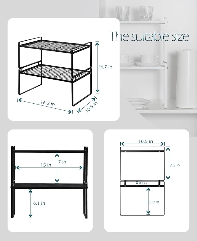 Shantton 2Pack Kitchen Cabinet Shelf Counter Organizer Rack Pantry Storage Bathroom Bedroom Office Table Desk Space Saving Stackable Rust Resistant Non Slip Black Wide L16.1in W10.6in H7.3in