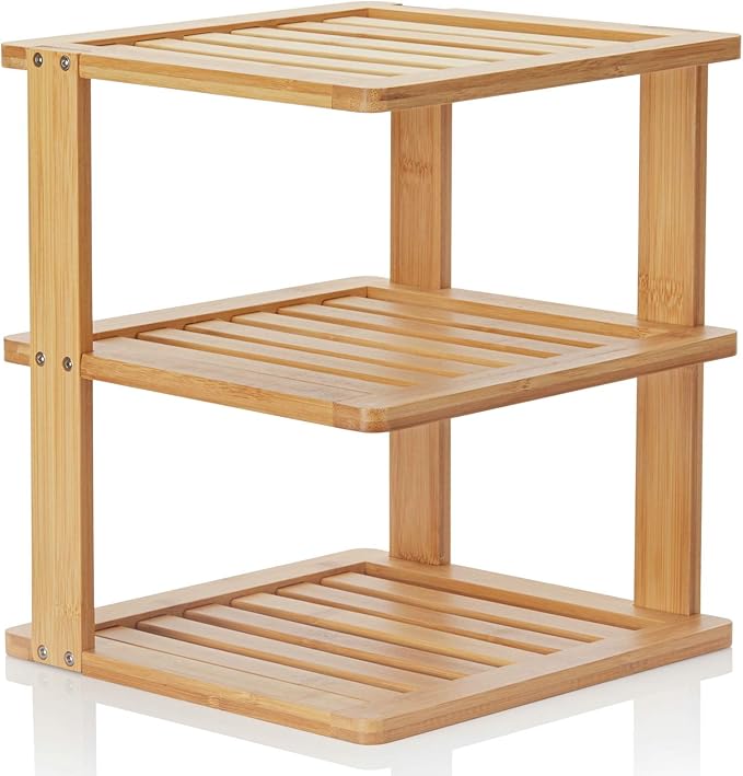 Bamboo Corner Shelf - 3 Tier 10 x 10 inch and 11.5 inches high. Kitchen Cabinet Organizer - Pantry Organization and Storage - Bathroom Countertop Shelves