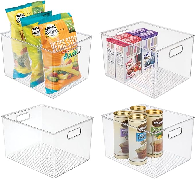 mDesign Plastic Storage Organizer Container Bin for Kitchen Organization in Pantry, Cabinet, Countertop Fridge, Refrigerator, and Freezer - Hold Food, Drink, or Snacks, Ligne Collection, 4 Pack, Clear