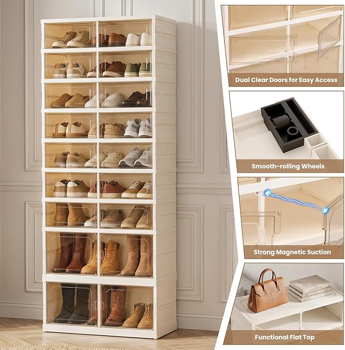 Foldable Shoe Rack with Doors, Stackable Plastic Shoe Organizer, Large Clear Shoe Storage Boxes for Closet and Entryway, Portable Collapsible Shoe Cabinet 9 Tiers, 27Pairs