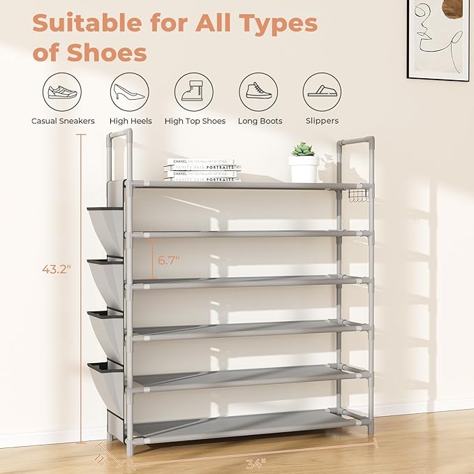 LANTEFUL 6 Tier Shoe Rack Storage for 24-30 Pairs Shoe and Boot, Shoe Organizer with Hook and Side Pocket Free Standing Long Shoe Shelf Tall Shoe Rack Organizer for Closet, Entryway, Dorm, Grey