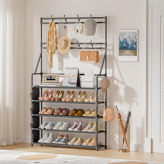 OYREL Shoe Rack 5 Tier Shoe Racks Organizer 20-25 Pairs Shoes Rack for Closet Entrance Shoe Storage Organizer with Hooks and Side Pocket Entryway Shoe Holder Space Saving Free Standing Shoe Racks