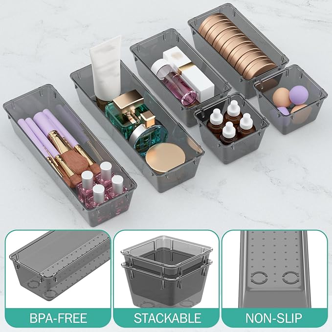 6 Pack Clear Drawer Organizer Set, Acrylic Drawer Storage Trays, Black