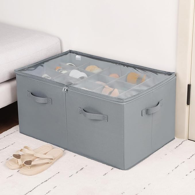 TOPIA HOME Shoe Organizer for Closet, Foldable Shoe Box with Adjustable Dividers and Clear Cover, Space Saving Shoe Storage Organizer Cabinet with Reinforced Handles, Fits 20 Pairs, Gray, TP10G