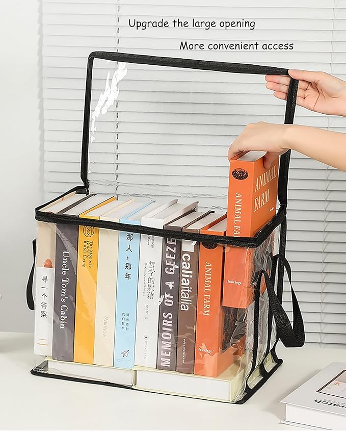 2PCS Clear Book Storage Bag Plastic Comic Books Organizer Collapsible Book Display Case with Lid and Lifting Handle suitable for books and toys,Size38x24x32cm/15x9x13inches