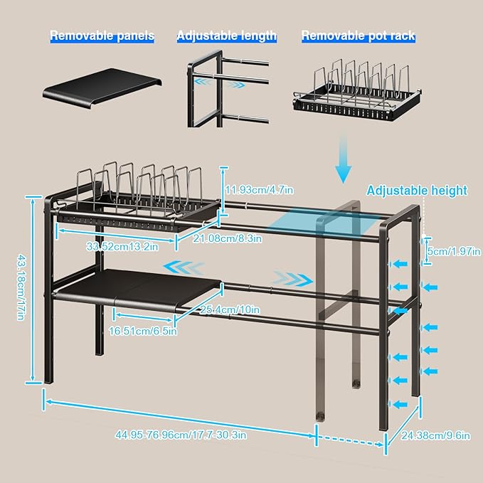 Pots and Pans Organizer Under Cabinet, 6panels,1 Pot rack, Black