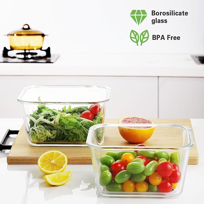 HOMBERKING 4 Pieces 63oz/8cup Large Glass Food Storage Containers with Lids, Meal Prep Containers, Airtight Bento Boxes with Leak Proof Locking (2 Containers + 2 Lids) - Microwave, Oven Safe