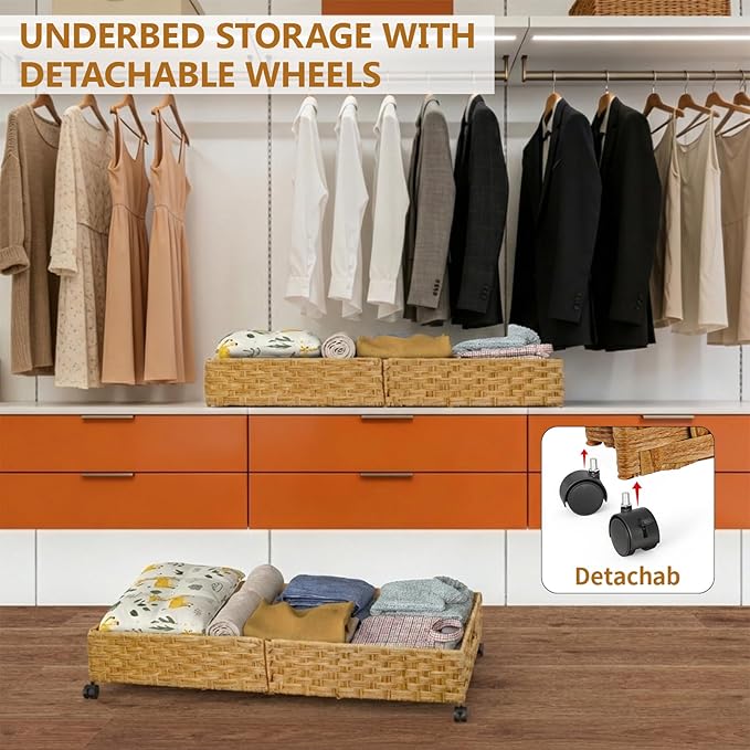 Under Bed Storage Containers with Wheels, 31.5” Large Handwoven Rattan Rolling UnderBed Storage Bins, Tool-free Assembly Natural Under The Bed Organizer Drawers for Bedroom, Sheets Clothes Blankets