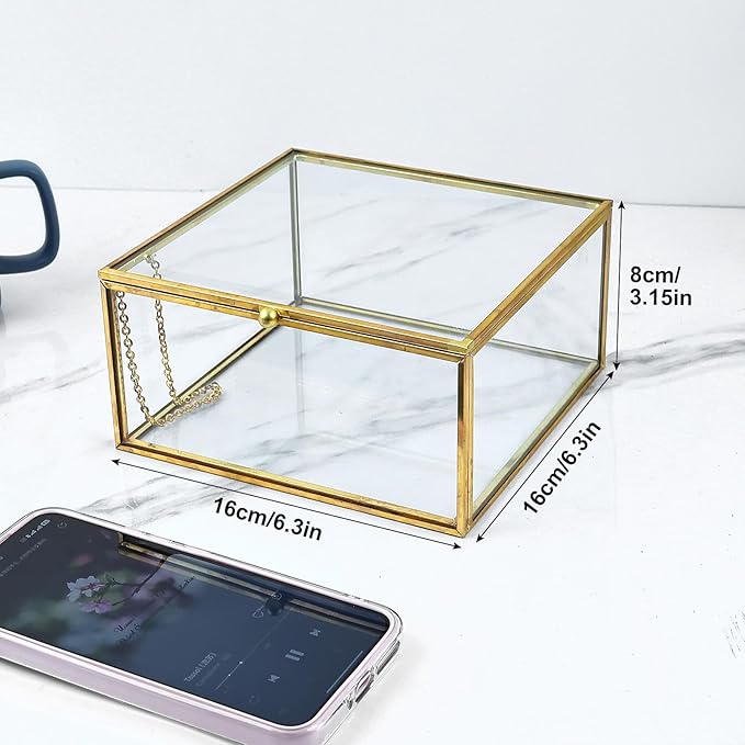 HighFree Vintage Glass Box with Lid - Clear Jewelry Glass Display Box Keepsake Box - Home Decor Decorative Box for Trinket Rings Bracelet (Gold, Small)