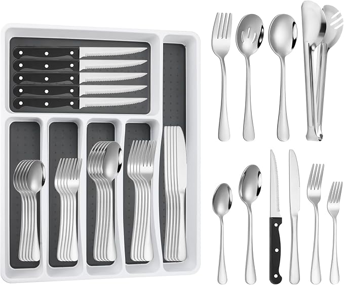 53PCS Silverware Set for 8 with Flatware Drawer Organizer, Stainless Steel Cutlery Set with Steak Knives, Include Spoons and Forks Set & Serving Utensils, Mirror Polished, Dishwasher Safe