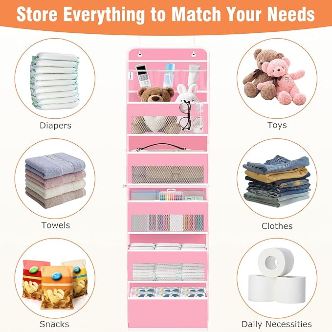 WISELIFE Over the Door Organizer - 6 Shelves Detachable Hanging Bedroom Storage Solution with 5 Large Pockets and 3 PVC Pockets for Dorm Bathroom, Pantry Nursery Baby Essentials (Pink)