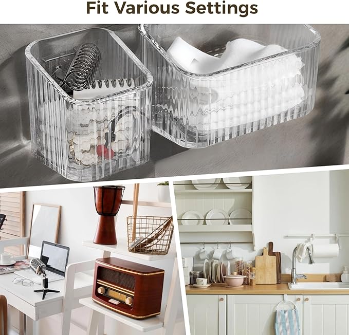 8 Pack Clear Wall Mounted Storage Bins, Acrylic Cabinet Door Organizer Baskets, Bathroom Wall Storage Organizer with Drain Hole, Adhesive Hanging Bins for Fridge Kitchen, BPA Free
