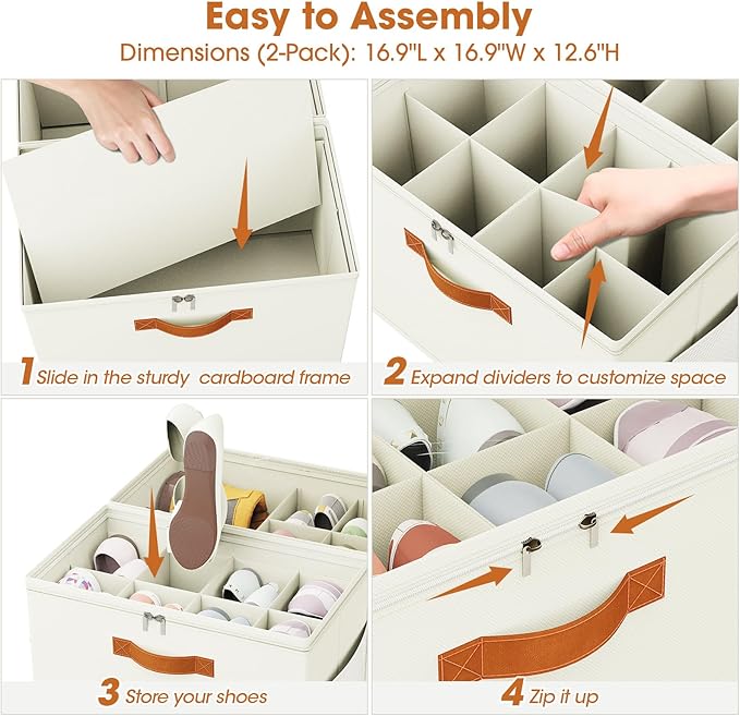 4-Pack Shoe Organizer for Closet, Foldable Shoe Storage Box with Adjustable Dividers & Clear Cover, Fits 32 Pairs, Beige, Durable and Space-Saving