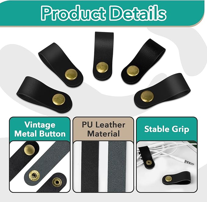 20 Pcs Leather Cord Organizer - Black Leather Cord Ties for Charging Cords, Reusable Charging Cable Organizers