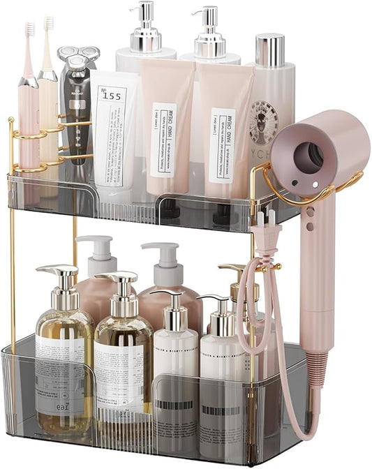 Shuang qing 2 Tier Bathroom Counter Organizer with Hair Dryer Holder, Grey
