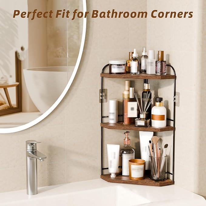 Corner Bathroom Counter Organizer, 3-Tier Wood Countertop Organizer for Perfume, Makeup Storage, Skincare Organizers for Vanity, Counter Corner Shelf for Kitchen, Bathroom, Dresser (Rustic Brown)