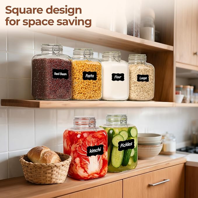 ComSaf 5L Square Glass Jars with Airtight Lids (1.3 Gallon, Set of 2), Space-Saving Canisters for Bulk Flour & Rice Storage, Ideal for Large-Batch Fermenting, Pickling & Kombucha