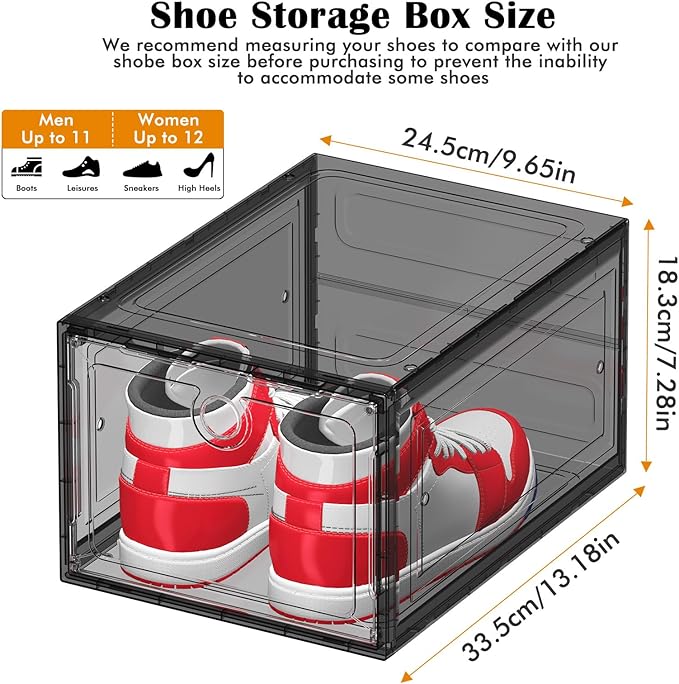 ARSTPEOE 12 Pack Upgrade Harder Shoe Organizer, Shoe Storage with Magnetic Front Door, Clear Shoe Boxes Foldable Space-Saving Shoe Rack for Sneaker Boot Container, Black