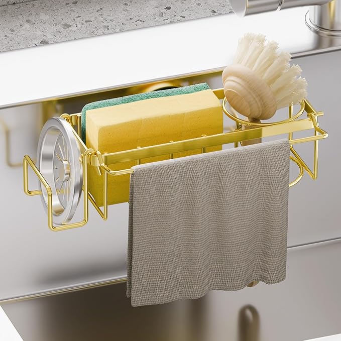 Sponge Holder with Strong Suction Cup, Stoppers & Scrapers -Gold