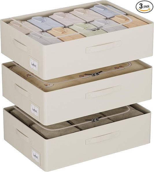 3Pcs Under Bed Storage Bins with Metal Frame, Beige, 23.5x19.7x6.3