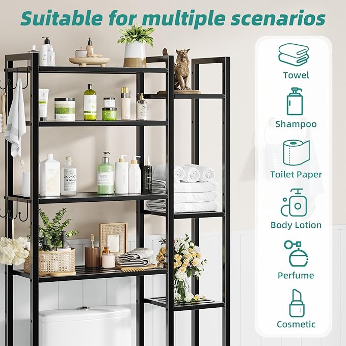 Simple Trending 8 Tier Over The Toilet Storage with Side Rack, Bathroom Organizer Metal Shelves for Towels, Black