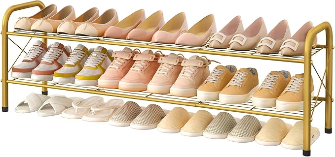Hoctieon 2 Tier Shoe Rack for Closet, Durable Mesh Style Shoe Rack, Entryway Shoe Shelf, Shoe Storage Organizer for Hallway, Bedroom, Living Room, Wardrobe, Gold