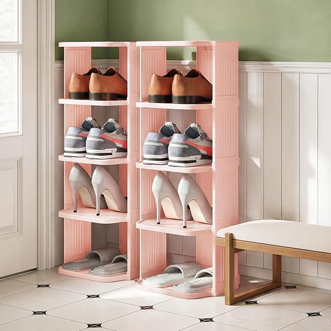 Kitstorack 8-Tier Vertical Plastic Shoe Rack, Freestanding Stackable Shoe Storage Organizer Cubes Shoe Shelf Tower or Small Closets and Tight Spaces, Pink