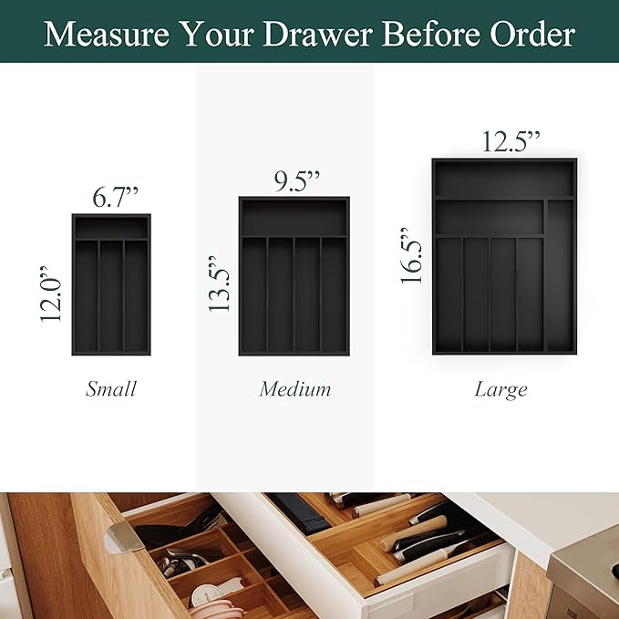 Bamboo Silverware Organizer, Kitchen Drawer Organizer, Utensil Holder, Cutlery Tray & Spoon Flatware Storage with Grooved Drawer Dividers (Black, 9.5''W x 13.5''D)