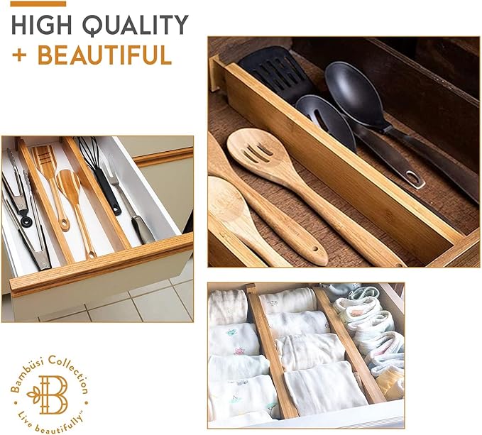 4-Pack Bamboo Drawer Dividers - 2.6 in High, Adjustable 16 to 22 in Expandable Drawer Organizers and Dresser Separators for Clothes, Bedroom, Bathroom, Kitchen, and Office Organization and Storage