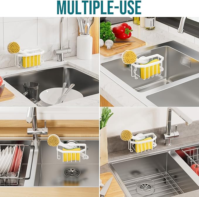 TAILI Sponge Holder for Kitchen Sink with Strong Suction Cup Removable, Rustproof Aluminum Sink Caddy for Sponge, Brush, Scrubber, Scraper -Gold