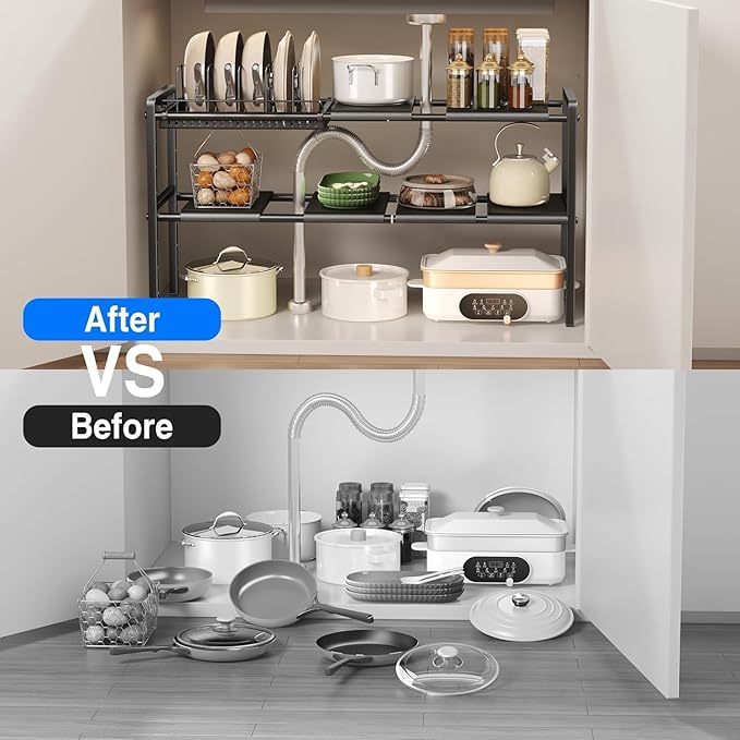 Pots and Pans Organizer Under Cabinet, 6panels,1 Pot rack, Black