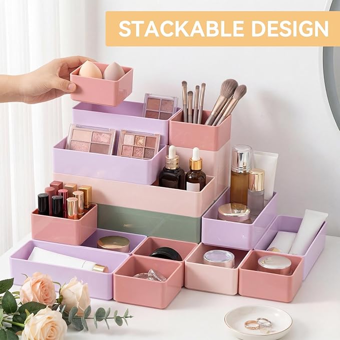 Teenyyou 18 Pcs Drawer Organizer Stackable 4 Size Makeup Drawer Organizer Trays Acrylic Bathroom Vanity Storage Bins for Cosmetic, Jewelries, Office Supply, Kitchen Utensils(Multicolor,Glossy)