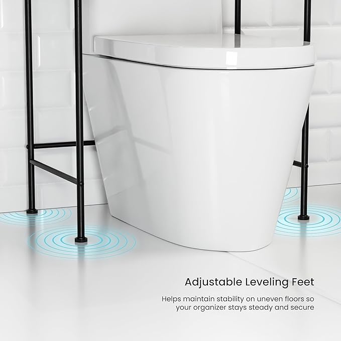 Home Zone Living Over the Toilet Storage Bathroom Organizer 3-Tier Freestanding Steel Frame Shelves with Wide Stabilizing Base and Adjustable Feet, Matte Black