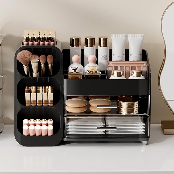 UFORU Makeup Organizer for Vanity with Brush Holder, Large Capacity Bathroom Countertop Skincare Organizer with 2 Drawers, Cosmetic Display Case for Perfumes, Eyeshadow Palettes, Nail Polishes