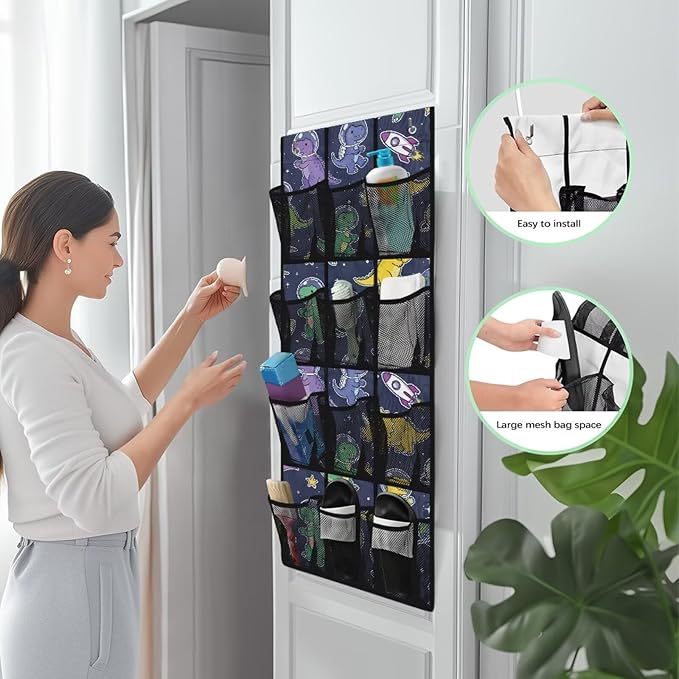 Astronaut Dinosaur Over The Door Organizer, 12 Large Mesh Pockets Hanging Shoe Rack for Closet, Space Theme Storage for Kids Room Toys & School Supplies