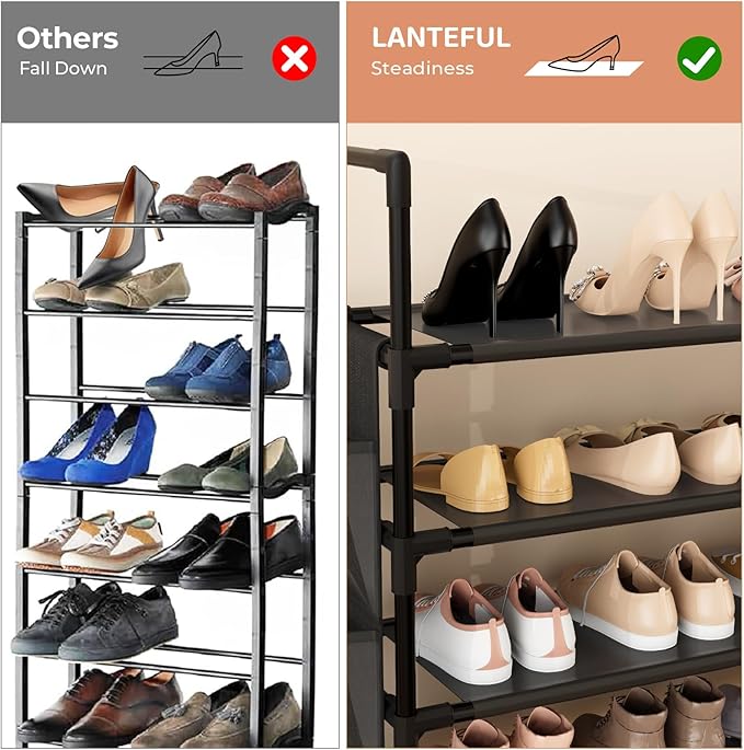 LANTEFUL 6 Tier Shoe Rack, Shoe Organizer Storage for 24-30 Pairs Shoe and Boot, Long Shoe Shelf with Hook and Side Pocket Free Standing Tall Shoe Rack Organizer for Closet, Entryway, Dorm